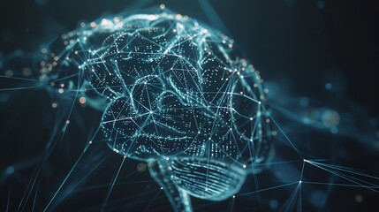 Poster - A digital rendering of a brain, with glowing blue and orange lines connecting its parts.