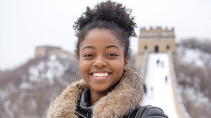 Afro girl wearing fur coat on traveling to the great wall of china