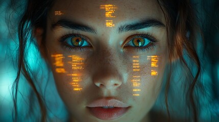 Poster - businesswoman s glowing eyes reflect digital graphs of business success and achievement