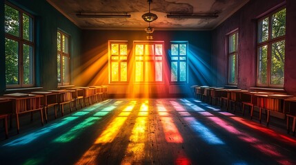 Canvas Print - Classroom Filled with Vibrant Rainbow Light Beams Emanating from Open Books Symbol of Creative Spark in Education