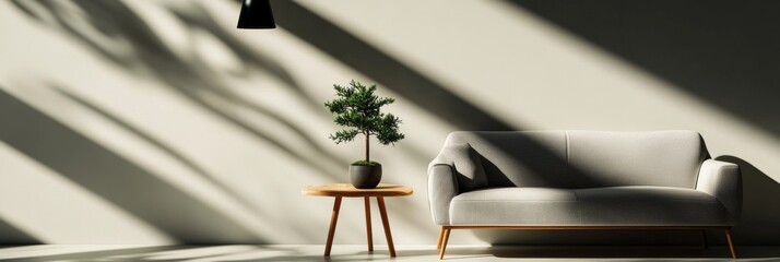 Wall Mural - A minimalist living room featuring a light gray sofa, a wooden coffee table, and a small bonsai on the table, set against a light wall.
