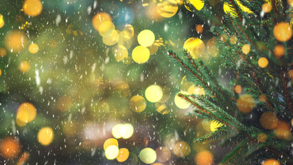 Wall Mural - merry christmas and happy new year background, close up, elegant christmas tree on blurred snowfall 