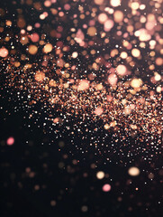 Wall Mural - rose gold glitter and confetti for celebration. black background with glowing pink particles.