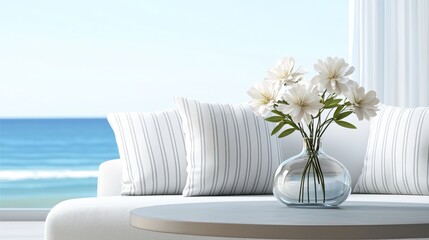 Wall Mural - A luxurious modern sofa with white striped cushions is paired with a glass vase filled with flowers on the table. The large window frames the beautiful blue sea waves, creating a refreshing feeling.