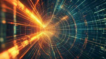Aufkleber - Futuristic light tunnel with glowing patterns and vibrant grid effects. Generative AI