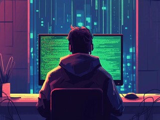 Aufkleber - Person coding in a dark room with glowing green lines on a laptop screen. Generative AI