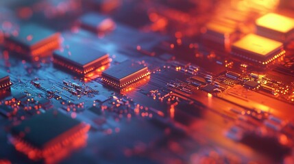Poster - Close-up view of a miniature circuit board with glowing connections. Generative AI