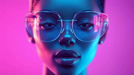 Poster - Person wearing futuristic glasses with vibrant neon lighting. Generative AI