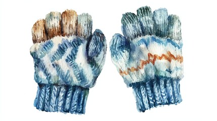 Wall Mural - Handmade winter gloves in blue and white colors, isolated on white background.