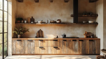 Rural style kitchen design, featuring recycled wood cabinets showcasing profound wood grain, soft luster, and subtle cracks. Create a warm Wabi Sabi atmosphere.