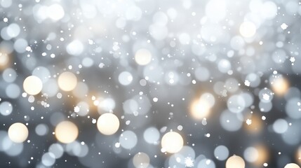 Wall Mural - Bokeh lights and snow on gray background with copy space. Winter holiday design concept