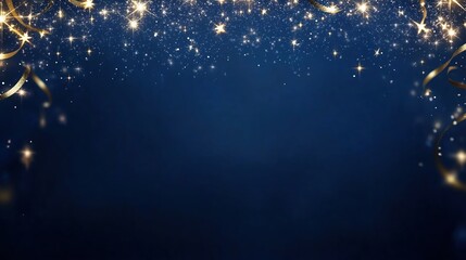 Wall Mural - Golden stars and ribbons on blue sky background. Holiday celebration concept