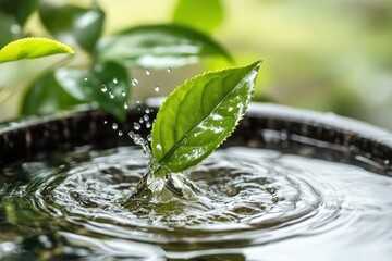 Poster - Green Leaf Falling Into Water Creating Ripples