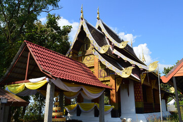 Chapel, Lanna Architecture, Symbols of Buddhism, South East Asia at Doi KhaMor Bor Nam Tip Temple, Lamphun, Northern Thailand