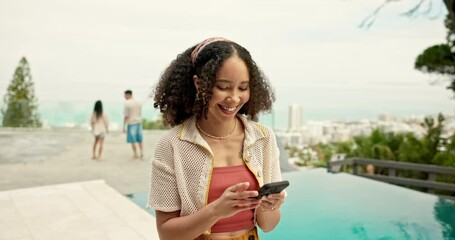 Aufkleber - Woman, online and phone for typing at poolside, hotel and vacation for message communication. Female person, social media scroll and surfing hospitality service at luxury resort, text and travel