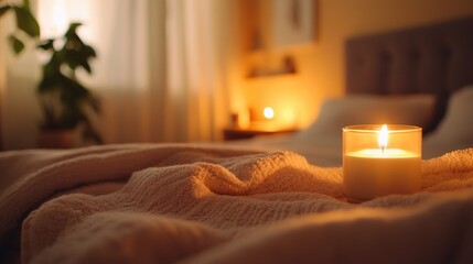 Wall Mural - Candle on Bed Next to Pillow