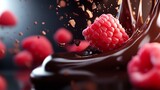 Raspberry Delight: A luscious raspberry plunging into a cascade of rich, dark chocolate, creating a symphony of textures and flavors. Chocolate shavings dance in the air, adding to the decadent scene.