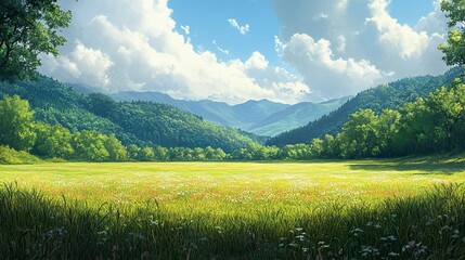 Canvas Print - Serene Landscape: Picturesque Meadow and Majestic Mountains