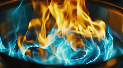 Poster - Bright Flames Dancing in a Blue-Orange Fire with Swirling Patterns, Capturing the Intensity of Heat and Light in an Abstract and Artistic Style