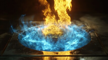 Poster - Flames and Water Create a Stunning Visual Contrast in an Abstract Art Piece Featuring Blue and Orange Elements on a Dark Background