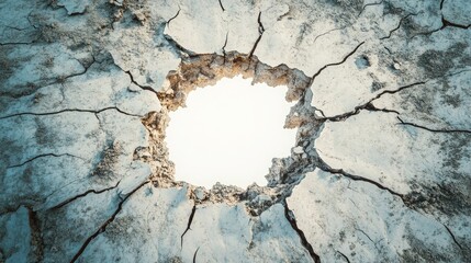 Poster - Cracked Surface with a Circular Hole Allowing Light to Shine Through in an Abstract Artistic Representation of Fragility and Change in Nature