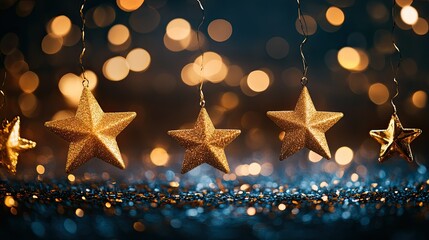 Poster - Festive Golden Stars Hanging Gracefully with Soft Glowing Bokeh Background for a Cheerful and Joyful Holiday Celebration Theme