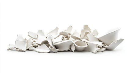 Poster - Broken White Porcelain Pieces Artistically Arranged as a Symbol of Fragility and Impermanence with a Minimalist Aesthetic on a Clean White Background