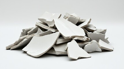 Poster - Pile of Broken Ceramic Pieces on White Background, Textured Fragments of Clay Artworks in Disarray, Concept of Fragility and Destruction in Art and Design