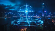 © Teeraphon - Smart digital Innovation city with connection network reciprocity over the cityscape. of future smart wireless digital city and social media networking systems that connects people with in city