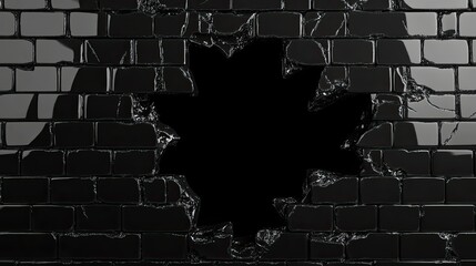 Poster - Cracked Black Brick Wall with a Dramatic Hole Revealing Dark Space, Symbolizing Destruction and Breakthrough in Urban Environment and Architecture