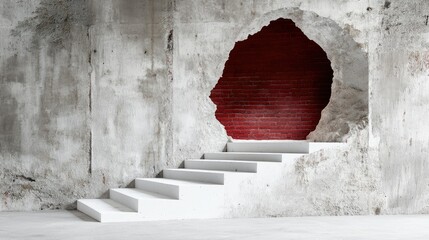 Poster - Modern Staircase with Exposed Red Brick Wall in a Contemporary Architectural Space Featuring an Artistic Opening and Simple White Steps