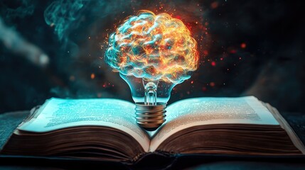 Poster - Creative Representation of a Light Bulb Shaped Brain Emerging from an Open Book, Symbolizing Knowledge, Innovation, and Imagination in a Bright Abstract Environment