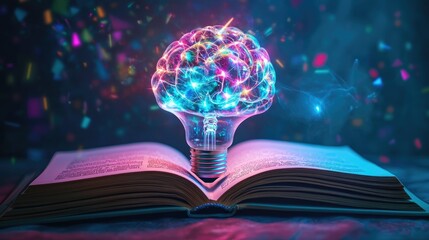 Poster - Illuminated Brain Concept Emerging from Open Book Representing Knowledge, Creativity and Ideas with Vibrant Colors and Abstract Background