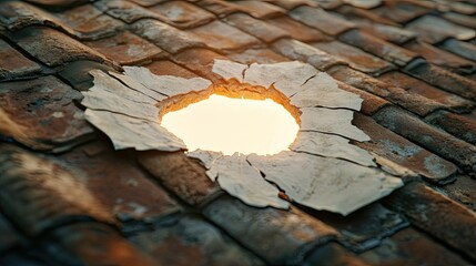 Poster - Natural Light Streaming Through a Damaged Roof Tile, Highlighting the Aged Texture and Rustic Charm of an Old Building's Surface