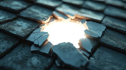 Poster - Broken Roof Tiles with Sunlight Shining Through an Opening in a Weathered Roof, Highlighting Texture and Contrast in a Natural Setting
