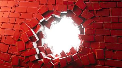 Poster - Shattered Red Brick Wall with a Bright Opening Evoking Themes of Freedom, Escape, and Opportunity in a Captivating Architectural Image