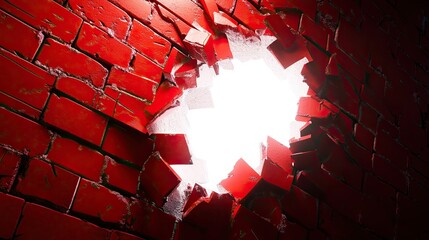 Poster - Bright Light Emerging from Cracked Red Wall with Fragmented Bricks Highlighting Texture and Depth in a Dramatic Urban Setting