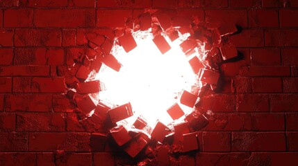 Poster - Dramatic Breakthrough in Red Wall Artistry Featuring Bright Light Emerging Through a Cracked Surface with Fragmented Brick Details for Impactful Visuals