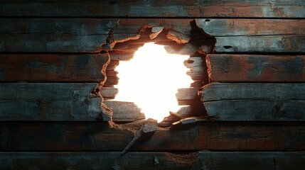 Poster - A Dramatic Light Burst Through a Cracked and Splintered Wooden Wall, Highlighting Textures and Details in an Intriguing Background Scene