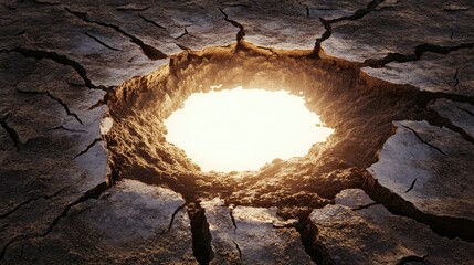 Poster - Cracked Earth with Circular Hole Illuminated by Bright Light, Symbolizing Environmental Issues and Nature's Power in a Desert Landscape