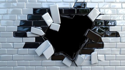 Poster - Cracked Wall with Missing Pieces in Black and White Tiles, Creating a Dramatic and Eye-Catching Break in a Smooth Surface, Ideal for Emphasizing Distress or Change