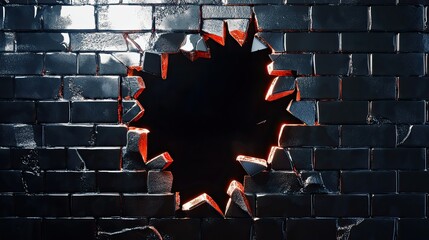 Poster - Broken Black Wall with Bright Glow Emerging from the Impact Point, Symbolizing Destruction and Creation in a Dramatic and Artistic Visualization of Force and Impact