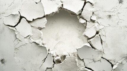Poster - Cracked White Wall with Damage Showing an Empty Space in the Center, Highlighting the Contrast between Fragile Surface and Exposed Underlayer in a Minimalistic Style