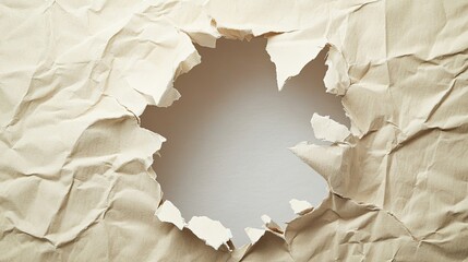 Poster - Crumpled Paper with Torn Edges Creating a Unique Hole Revealing a Light Background Ideal for Creative Design and Visual Presentations