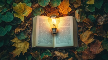 Poster - An Open Book Surrounded by Colorful Autumn Leaves with a Glowing Light Bulb Symbolizing Knowledge and Inspiration in Nature's Embrace