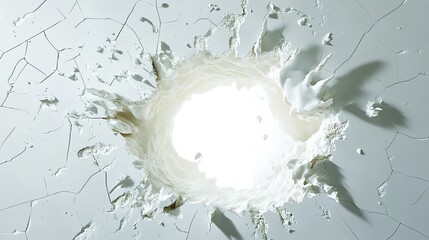 Poster - Dramatic Close-Up of a Wall with a Large Cracked Hole, Exposing Bright Light Behind, Creating a Stunning Visual Contrast of Texture and Color