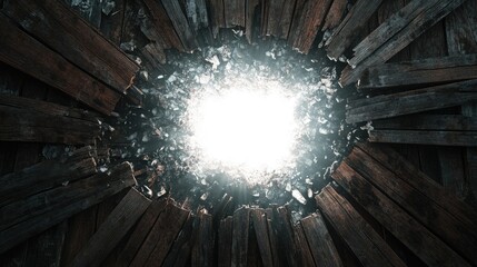 Poster - Dramatic Light Breaking Through Cracked Wooden Surface, Highlighting Texture and Depth with Surrounding Shattered Wood Pieces and Bright Core of Light