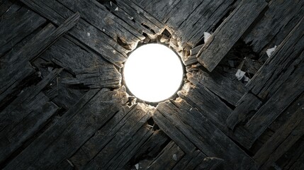 Poster - Circular Light Source Surrounded by Cracked and Weathered Wooden Planks, Creating a Dramatic Contrast Between Light and Texture in an Indoor Setting