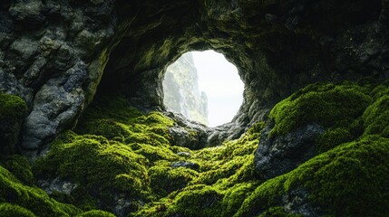 Poster - Moss-Covered Stone Cave Entrance with Ethereal Light Filtering Through Natural Rocks and Lush Greenery, Creating a Peaceful and Serene Atmosphere in Nature