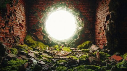 Poster - Abandoned Space with Broken Brick Wall and Overgrown Moss Illuminated by Bright Light in the Center of the Room Capturing Nature's Takeover of Urban Ruins